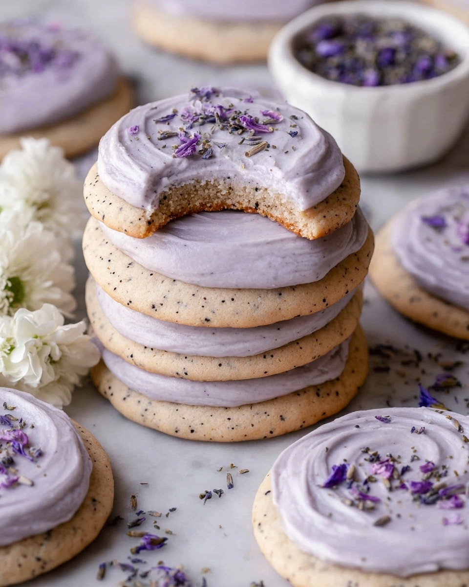 This image shows a stack of three round cookies with a light beige color that has small dark specks throughout. Each cookie has a thick layer of smooth, pale lavender frosting on top, swirled gently and sprinkled with tiny purple flower petals and small black specks. The top cookie has a bite taken out of it, revealing a soft and crumbly inside. Around the stack, there are more cookies lying flat with the same frosting and decoration. Small white flowers and a white bowl with dried purple flowers add to the scene, all placed on a white marbled surface. photo taken with an iphone --ar 4:5 --v 7