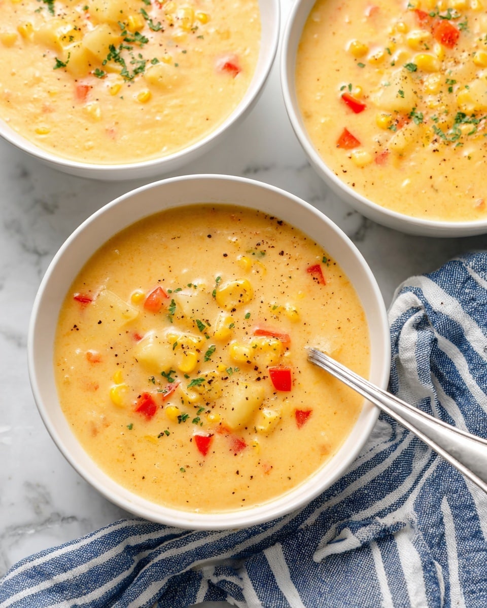 The image shows three white bowls filled with creamy yellow soup that has small chunks of potato, sweet corn kernels, and red bell pepper pieces mixed evenly throughout. The soup has a smooth texture with a few green herb sprinkles and black pepper on top. A silver spoon is resting inside the middle bowl, which is in focus and positioned slightly to the right. The bowls sit on a white marbled surface, next to a blue and white striped cloth. The lighting is bright, giving the creamy soup a warm, inviting look photo taken with an iphone --ar 4:5 --v 7