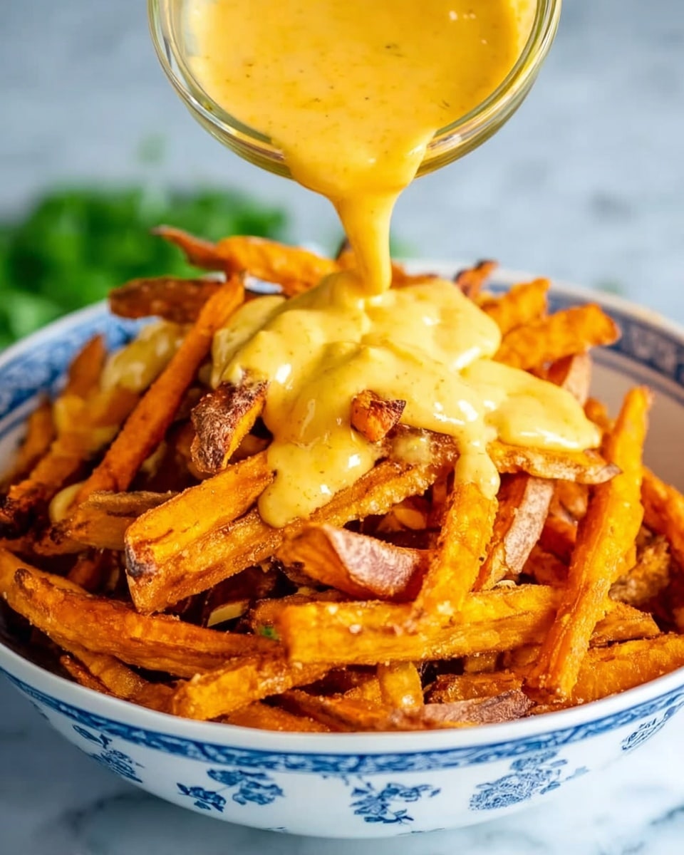 The image shows a bowl filled with crispy golden sweet potato fries stacked loosely. On top of the fries is a thick, creamy orange-yellow cheese sauce being poured from a small clear glass container. The fries are slightly browned in places, giving texture and depth. The bowl is white with a blue floral pattern, sitting on a white marbled surface. The sauce smoothly coats the pile of fries, creating a rich, glossy layer over the crisp edges. The background is softly blurred green, possibly from some leaves or herbs, adding a fresh touch. photo taken with an iphone --ar 4:5 --v 7
