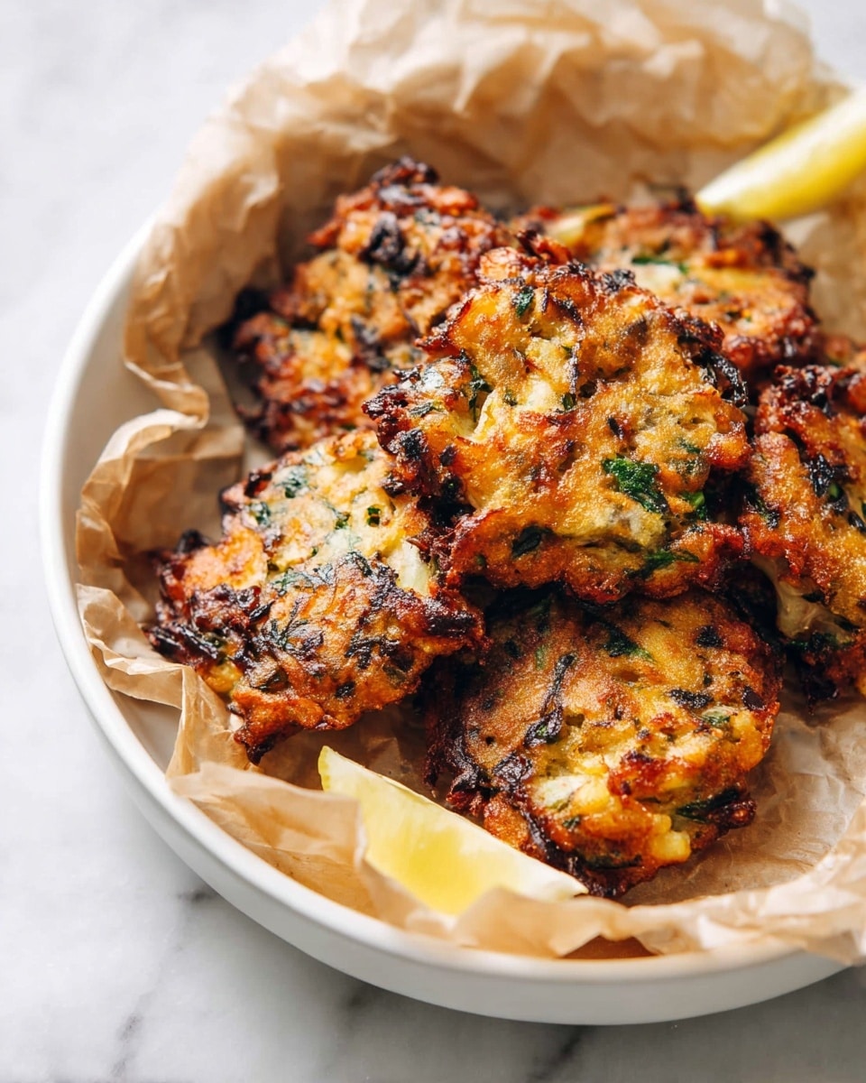 A white bowl lined with crumpled parchment paper holds five golden-brown fritters. The fritters have a rough, crispy texture with visible dark green herbs and thin, dark strips mixed inside. Each fritter looks thick and uneven in shape, with some charred spots giving a crunchy look. There is a small piece of lemon visible on the side inside the bowl. The bowl sits on a white marbled surface. photo taken with an iphone --ar 4:5 --v 7