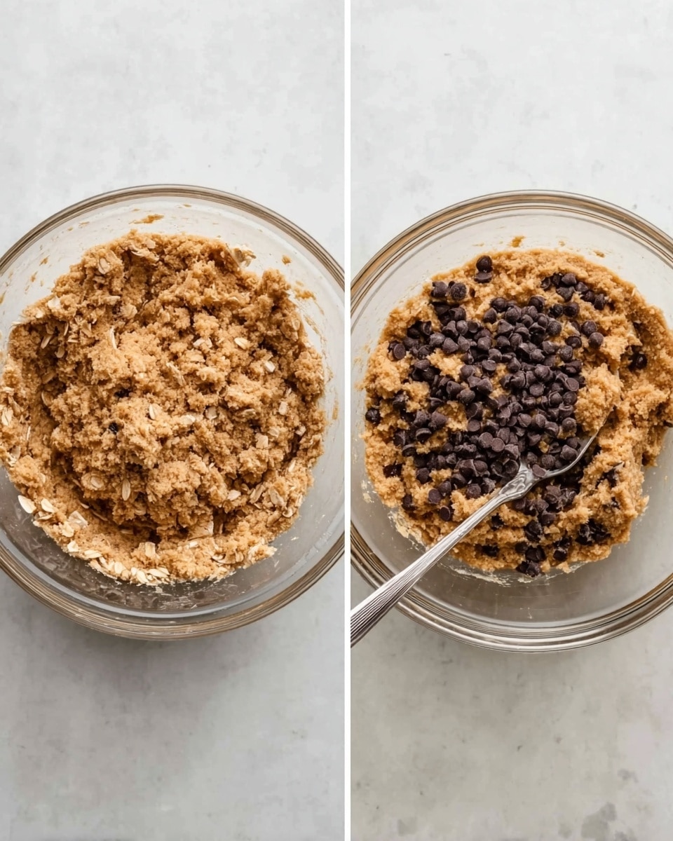 The images show two clear glass bowls placed on a white marbled surface, each filled with a thick mixed dough. The first bowl on the left contains a light brown, textured dough with visible oats. The second bowl on the right has the same dough but chocolate chips have been added on top, with a silver spoon partly mixing the chips into the dough. Photo taken with an iphone --ar 4:5 --v 7
