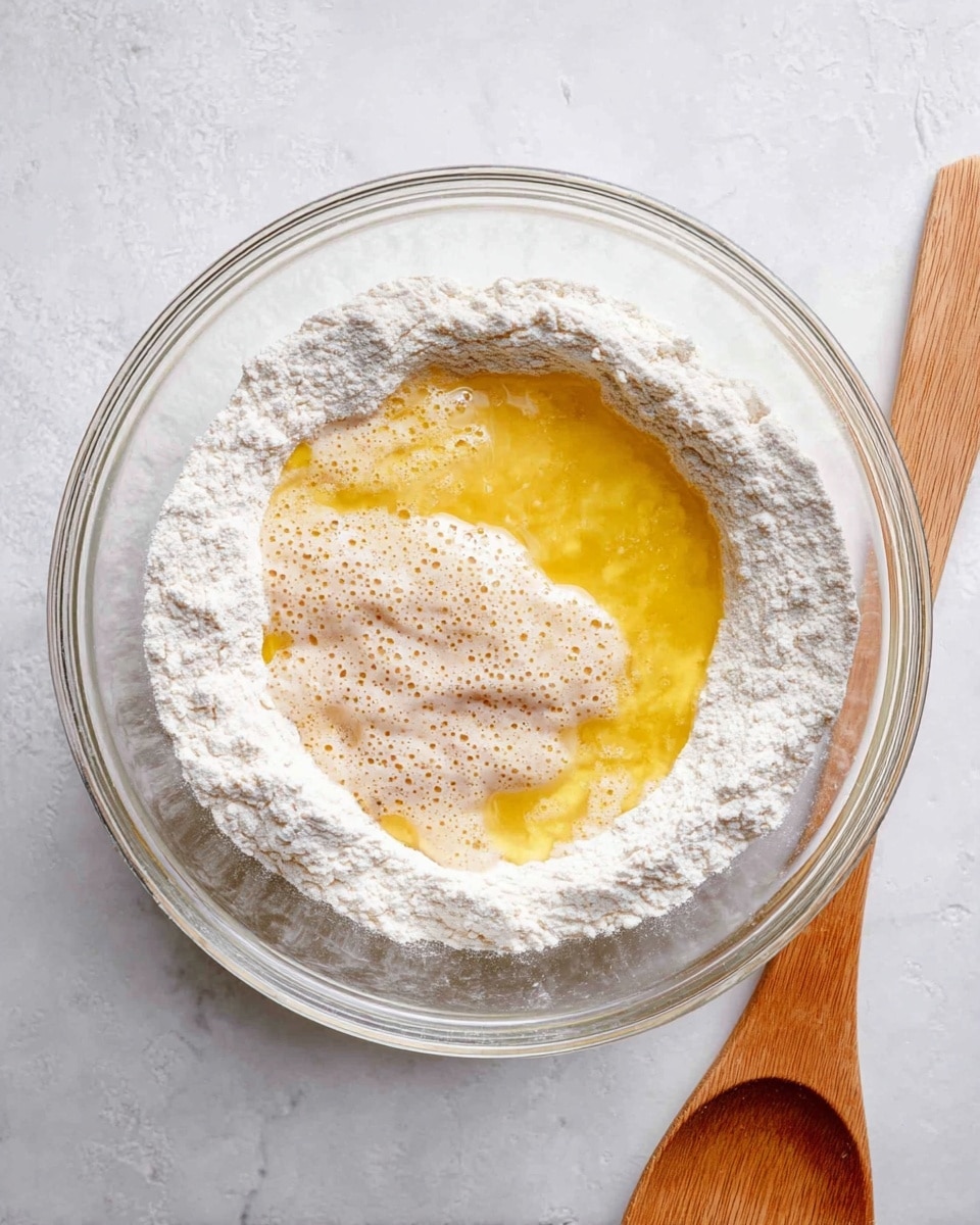 A clear glass bowl sits on a white marbled surface, filled with three distinct layers waiting to be mixed. The outer ring is made of fine, white flour, creating a rough texture around the edge. Inside the flour, there is a golden yellow liquid layer, smooth and shiny, likely oil or melted butter, forming a pool. On top of this, toward one side of the bowl, there is a thick, bubbly, light beige mixture resembling yeast foam with a slightly frothy texture. A wooden spoon with a smooth, light brown surface lies next to the bowl on the marbled surface. Photo taken with an iphone --ar 4:5 --v 7