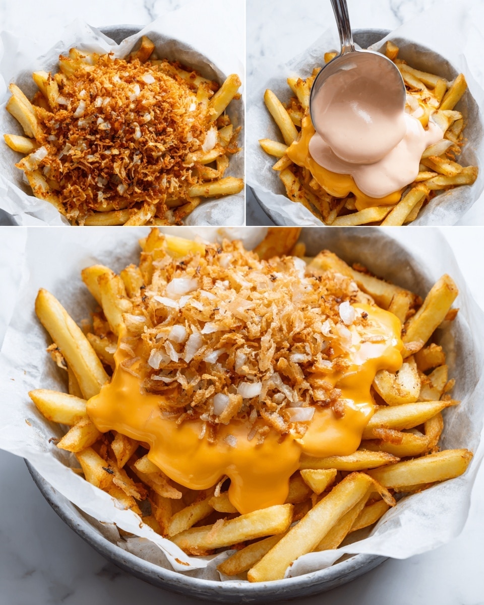 The image shows a four-step layered dish in a round white bowl lined with parchment paper, placed on a white marbled surface. The first layer is crispy golden fries spread evenly at the bottom, topped by a smooth bright orange cheese sauce that covers the fries fully. On top of the cheese sauce, there is a layer of finely chopped, fried onions that are golden brown with slight charred spots. The final layer is a creamy pale pink sauce being spooned over the fried onions, creating a thick and rich topping that starts to cover the layers below. Photo taken with an iphone --ar 4:5 --v 7