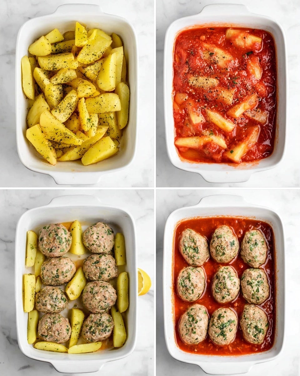 This image shows four stages of making a dish in a white rectangular baking dish on a white marbled surface. The first stage shows a single layer of yellow potato wedges seasoned with green herbs and black pepper. The second stage adds a red tomato sauce covering the potato wedges evenly, with visible herbs sprinkled on top. The third stage places twelve raw oval meat pieces with green herbs mixed inside, evenly spaced in a single layer over the white dish. The fourth stage shows the raw meat pieces arranged on top of the tomato sauce and potato wedges, with the dish topped with some black pepper and herbs. A piece of lemon is seen at the corner of the dish. photo taken with an iphone --ar 4:5 --v 7