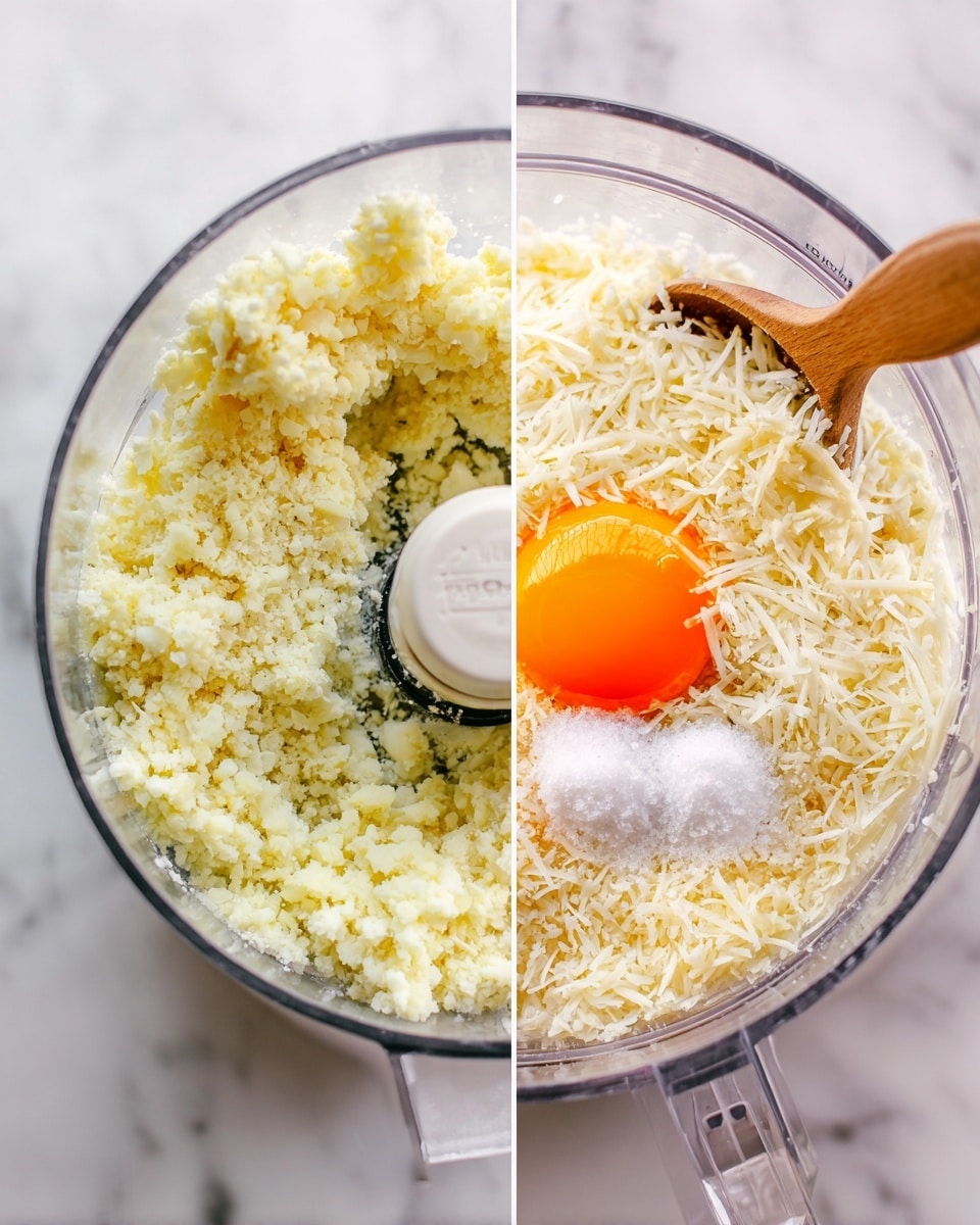 The left side of the image shows a clear food processor bowl filled with finely chopped light yellow cauliflower, with some space in the middle where the blade stands. The right side shows a clear glass bowl on a white marbled surface, filled with three main layers: the bottom layer is finely chopped light yellow cauliflower, topped on one side with a bright orange raw egg yolk, on another side some pale white shredded cheese, and a small pile of white salt and sugar near the middle. A wooden spoon rests on the edge of the bowl. photo taken with an iphone --ar 4:5 --v 7