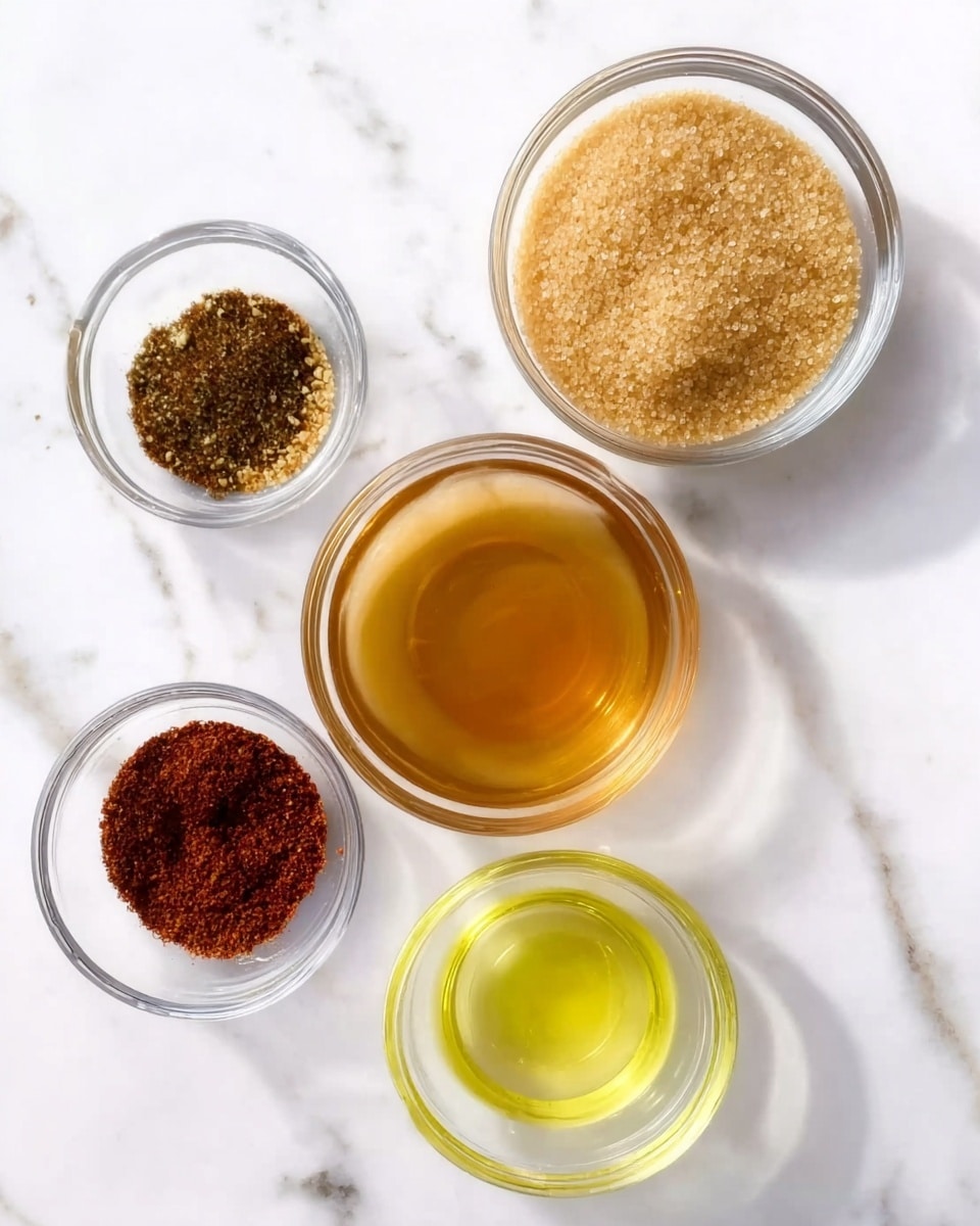 The image shows five clear glass bowls arranged on a white marbled surface. The top right bowl contains light brown granulated sugar with a slightly coarse texture. Below it, the center right bowl holds a smooth, golden brown liquid, likely honey or syrup. The bottom right bowl has a pale yellow liquid, somewhat cloudy and light in color. The bottom left bowl is filled with clear, bright yellow olive oil with a smooth texture. Lastly, the top left bowl contains two piles of ground spices, one dark brown and the other dark red, with a fine powder texture. photo taken with an iphone --ar 4:5 --v 7