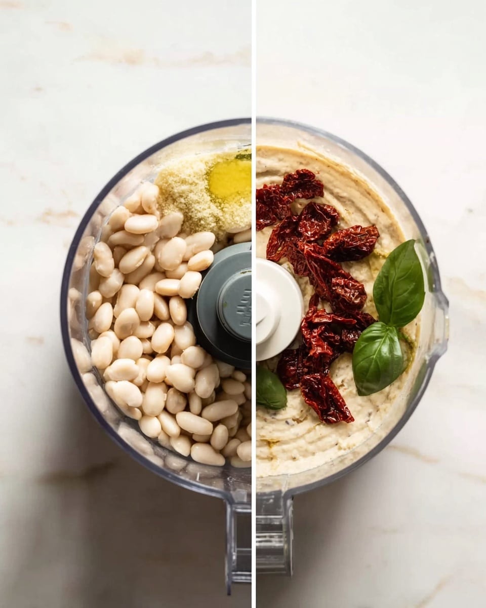 The image shows a two-part view of a food processor on a white marbled surface. On the left side, the food processor bowl is filled with white beans and some light yellow grated ginger or garlic, with a clear liquid container nearby. On the right side, the food processor bowl now holds a creamy light beige mixture topped with pieces of dark red sun-dried tomatoes and a couple of fresh green basil leaves on the surface. The food processor lid is in place in both parts of the image. photo taken with an iphone --ar 4:5 --v 7