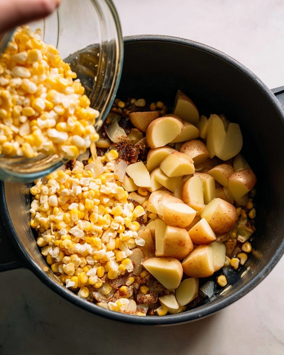 In a large black pot, there are three layers visible: the bottom layer is made up of small, white and yellow corn kernels covering almost half of the pot's base; on top of the corn, there are quartered pieces of light brown potatoes with smooth skins, some of which are still being poured in from a clear glass container held by a woman's hand; beneath the potatoes and corn, there is a hint of finely chopped darker ingredients that can be seen around the edges. The pot is set on a white marbled surface. photo taken with an iphone --ar 4:5 --v 7