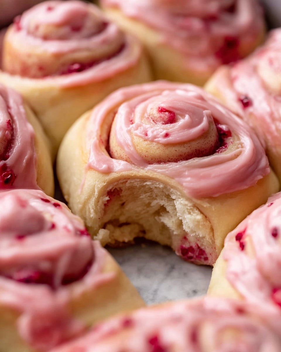 A close-up view of soft, round swirled rolls in a pan, each roll showing layers of light beige dough rolled with pink frosting and red berry bits inside. The rolls have a shiny, thick layer of creamy pink icing spread unevenly on top, which looks smooth and glossy. One roll in the center has a small bite revealing the light and fluffy inside texture. The background is a white marbled texture. photo taken with an iphone --ar 4:5 --v 7