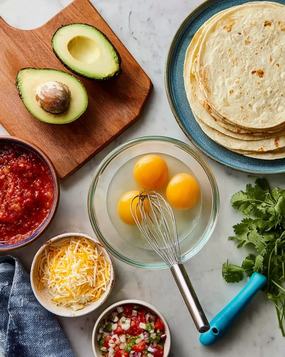 The image shows a white marbled surface with several cooking ingredients arranged neatly. At the center is a clear glass bowl containing four raw eggs cracked open, with a metal whisk resting inside. To the left, there is a wooden board holding a halved avocado with its seed still in one half. Nearby is a blue plate stacked with round, light beige tortillas. Above the glass bowl is a small white bowl filled with red salsa, while below it are two smaller bowls: one with shredded yellow and white cheese and the other with a chunky mix of red, green, and white salsa. Fresh cilantro is visible on the right side, along with a blue utensil partially shown. The whole setup is well lit and organized, ready for making a meal, photo taken with an iphone --ar 4:5 --v 7