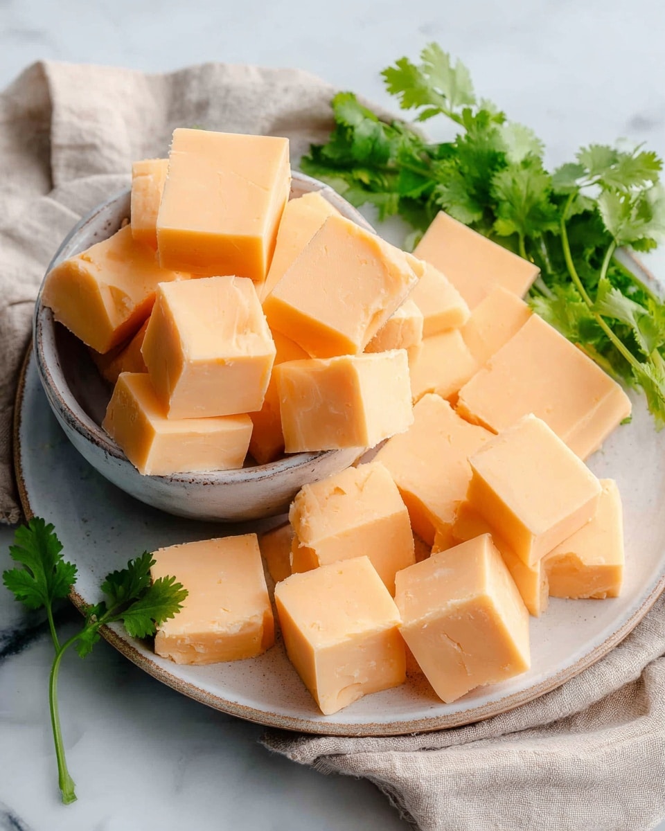 A pile of pale orange cheese cubes is shown, mostly stacked inside a small bowl placed in the center of a large white plate. Additional cheese cubes are scattered around the bowl on the plate, creating a layered look with some cubes leaning against the bowl's edge. The cheese has a smooth, solid texture with slight cracks visible on some cubes. To the right side of the plate, fresh green coriander leaves add a pop of color. The whole setup rests on a white marbled surface with a beige cloth loosely folded next to the plate. Photo taken with an iphone --ar 4:5 --v 7