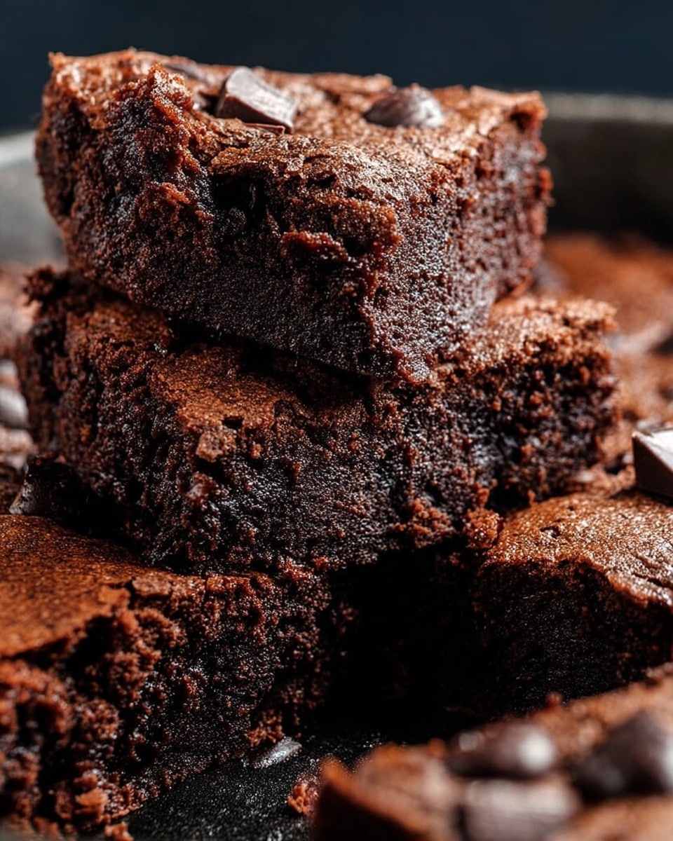A close-up view of thick, dark brown chocolate brownies stacked on each other in a black pan. The brownies have a dense texture with small air holes visible, and chunks of melted chocolate scattered on top, adding a slightly shiny and rich look. The edges appear slightly crisp while the inside looks moist and soft, with some crumbs around the pieces. photo taken with an iphone --ar 4:5 --v 7
