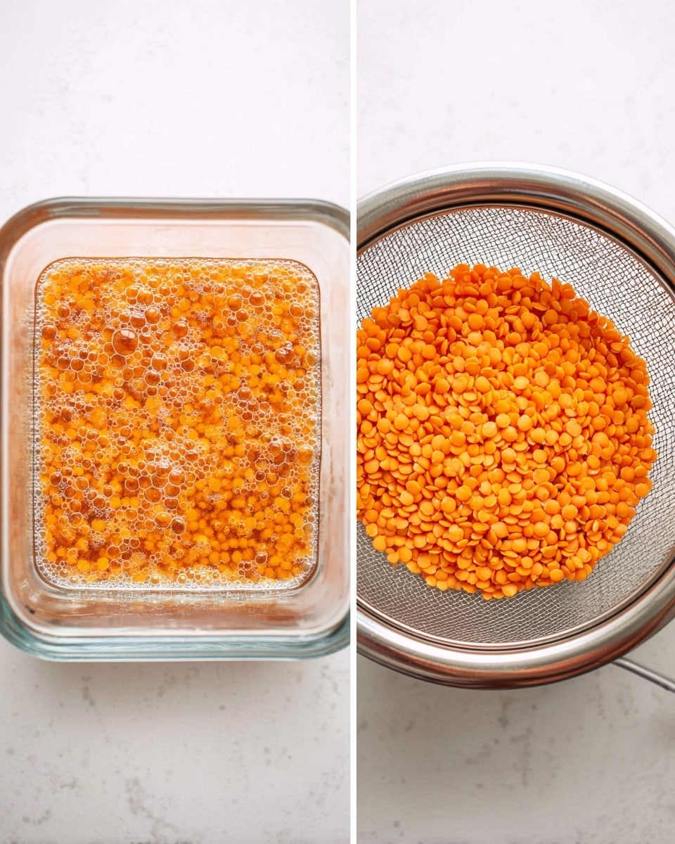 The image shows two side-by-side photos of small orange lentils. On the left, the lentils are soaking in clear water inside a transparent square glass container, filling the container with an even layer of lentils submerged under water, with bubbles formed at the edges. On the right, the lentils are drained and placed evenly inside a round metal mesh strainer with a fine grid pattern, resting over a white marbled surface. The lentils have a smooth and slightly wet texture in both containers. Photo taken with an iphone --ar 4:5 --v 7