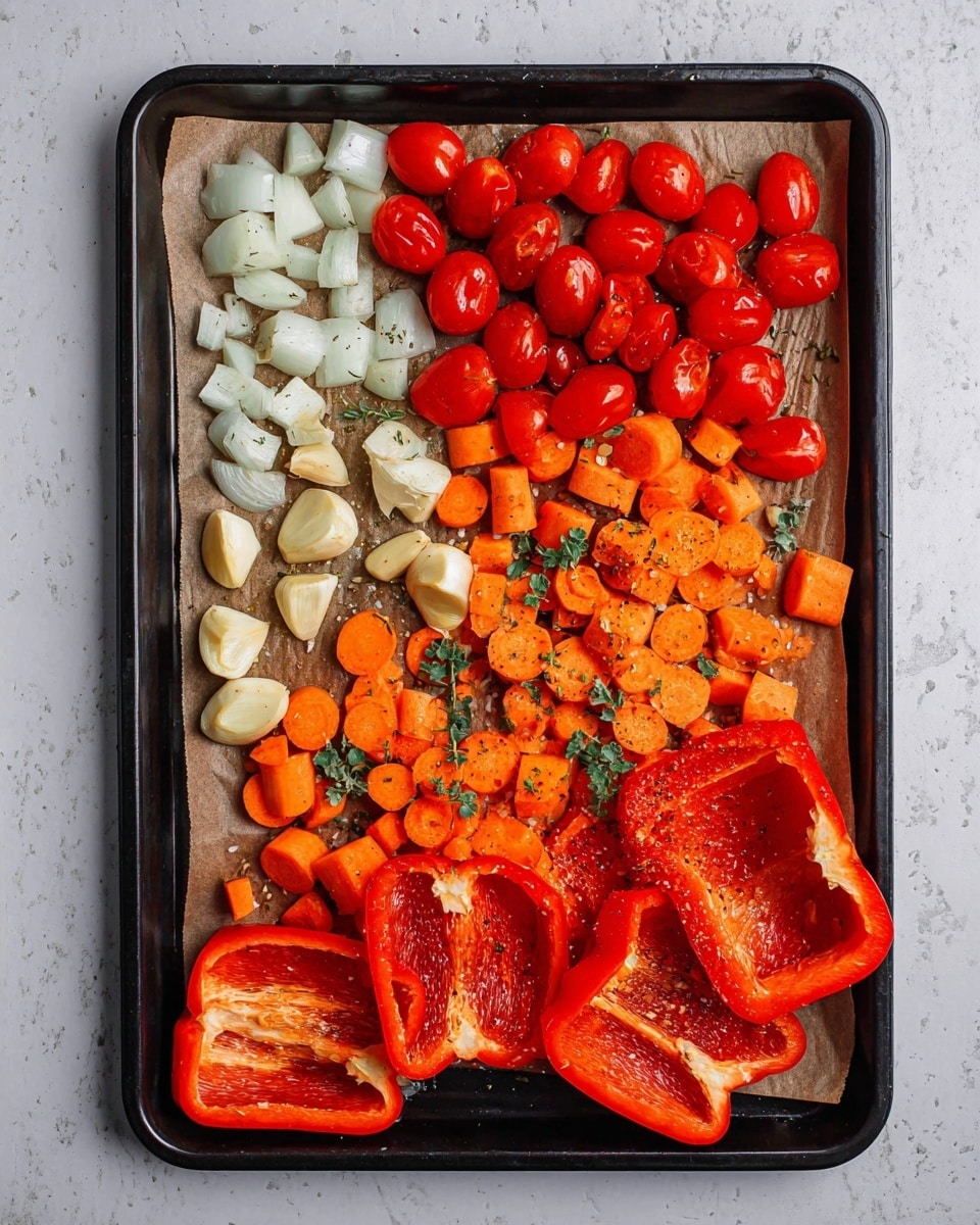 A black baking tray holds a single layer of different vegetables on a sheet of brown paper. In the top left corner are white onion chunks with a few small green herb leaves. Next to them and toward the center are many bright red cherry tomatoes scattered in a cluster. Below the tomatoes are light orange carrot pieces, both sliced and diced, sprinkled with some small green herbs. To the left of the carrots are two halved garlic bulbs with light seasoning on top. The bottom half of the tray is filled with red bell pepper halves, showing their smooth, slightly shiny inside surfaces lightly sprinkled with seasoning and a few green herb leaves. The whole tray rests on a white marbled surface. Photo taken with an iphone --ar 4:5 --v 7