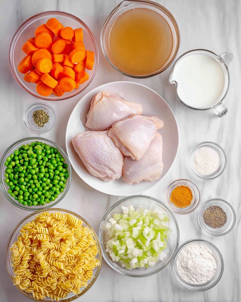 The image shows several clear glass bowls and one white bowl arranged neatly on a white marbled surface. The white bowl in the center holds three raw chicken pieces with a smooth pale pink texture. Surrounding it are clear bowls filled with bright orange carrot slices, chopped light green celery, white diced onions, green peas, and finely chopped garlic. There is also a clear measuring cup with a light brown broth, a small glass with white milk, a small white bowl with different dry spices in separate sections, uncooked yellow twisted noodles in a large clear bowl, and a small clear bowl filled with white powder. The setup is clean and well-organized, with the food items showing vibrant natural colors. Photo taken with an iphone --ar 4:5 --v 7