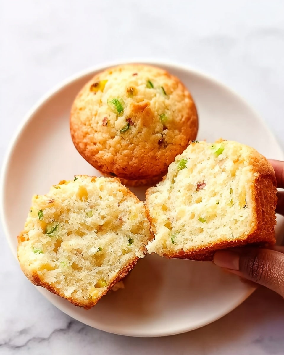 The image shows three muffins on a white plate placed on a white marbled surface. One muffin is whole and golden brown on top with small green and light pieces visible, indicating bits of vegetables or herbs. The other two muffins are split open, showing a soft, light yellow inside with some green and brown small pieces spread evenly throughout. The muffins have a slightly uneven, fluffy texture inside, and the outside is smooth and firm. A woman's hand is holding one of the split muffins. Photo taken with an iphone --ar 4:5 --v 7