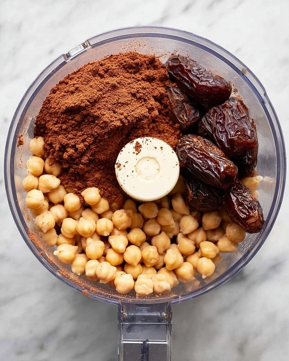 A clear food processor bowl is filled with three main layers of ingredients. The bottom layer shows light beige chickpeas, small and round, filling most of the space. On the right side, there are several large, dark brown dates with wrinkled textures resting on the chickpeas. On top of the chickpeas, more to the left, lies a separate heap of rich brown powder, possibly cocoa. The center has a small white circular blade covered partly by the cocoa powder. The whole setup sits on a white marbled surface. Photo taken with an iphone --ar 4:5 --v 7
