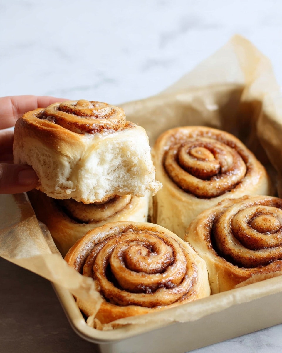 The image shows a beige baking tray lined with parchment paper holding five cinnamon rolls with a golden-brown top and soft, swirled layers. Four cinnamon rolls are fully visible, displaying the classic spiral shape with a cinnamon sugar filling creating darker brown lines against the light dough. On top of the tray, a woman's hand lifts one cinnamon roll that reveals its fluffy, spongy inner texture with light cream color and small air pockets. The background is a white marbled surface. photo taken with an iphone --ar 4:5 --v 7