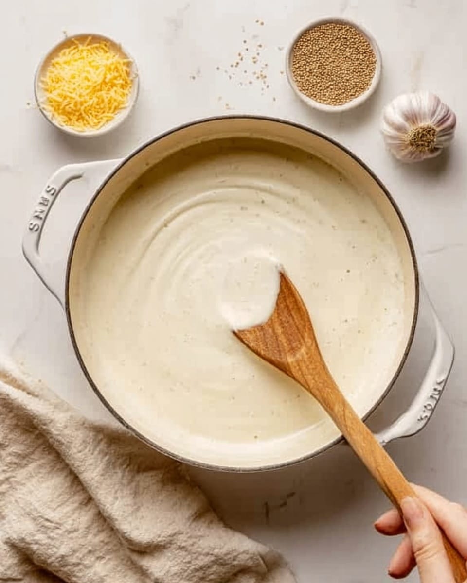 A white pot filled with smooth, creamy white sauce being stirred by a wooden spoon held by a woman's hand. The pot sits on a white marbled surface with a beige cloth partially visible on the upper left side. Around the pot, there is a small white bowl of grated yellow cheese on the lower left corner, a garlic clove on the upper right, and a small white dish filled with brown seeds near the top right edge. The lighting highlights the sauce's creamy texture, and the overall scene looks clean and simple. photo taken with an iphone --ar 4:5 --v 7