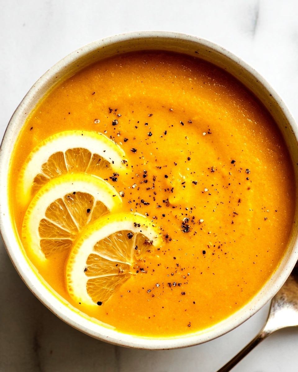 A white bowl is filled with smooth, creamy orange soup that has a slightly grainy texture. There are three thin slices of lemon partially submerged on the left side of the soup, showing a bright yellow peel and pale juicy interior. The surface of the soup is sprinkled with coarse black pepper, adding small dark spots across the top. The bowl rests on a white marbled surface, with a small part of a white spoon visible on the right edge. photo taken with an iphone --ar 4:5 --v 7