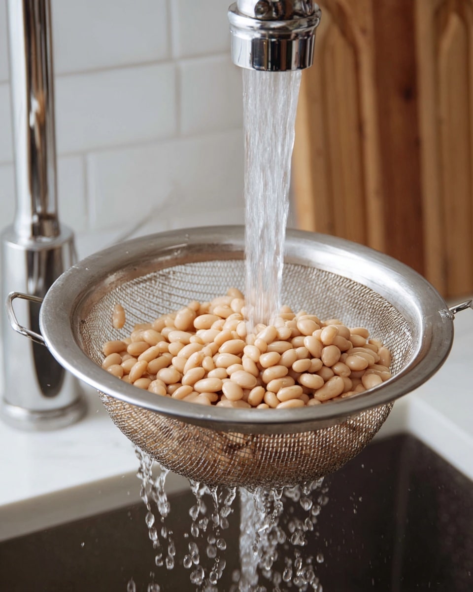 A metal fine mesh strainer holds a large pile of light beige beans under running water from a shiny silver kitchen faucet. The water streams in two clear flows, splashing gently onto the beans and inside the strainer. Droplets collect on the rim of the strainer, and some water passes through the mesh into a silver sink below. In the background, there is a vertical wooden cutting board and a white tiled wall, with the whole scene set on a white marbled surface. photo taken with an iphone --ar 4:5 --v 7