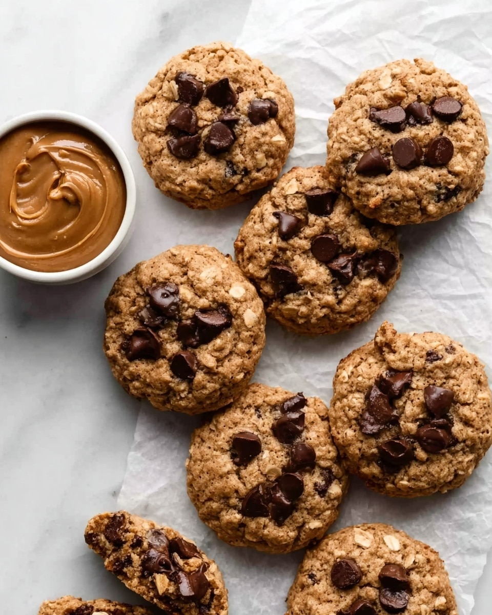 The image shows seven round oatmeal chocolate chip cookies with a rough and slightly crumbly texture on a white marbled surface. The cookies are golden brown with melted dark chocolate chips scattered on top and inside. One cookie is broken in half, revealing the soft and chewy inside filled with chocolate chips. To the left, there is a small white bowl filled with smooth peanut butter, partly visible in the frame. The cookies are arranged casually around the bowl, with a hint of crumpled white parchment paper beneath them. Photo taken with an iphone --ar 4:5 --v 7
