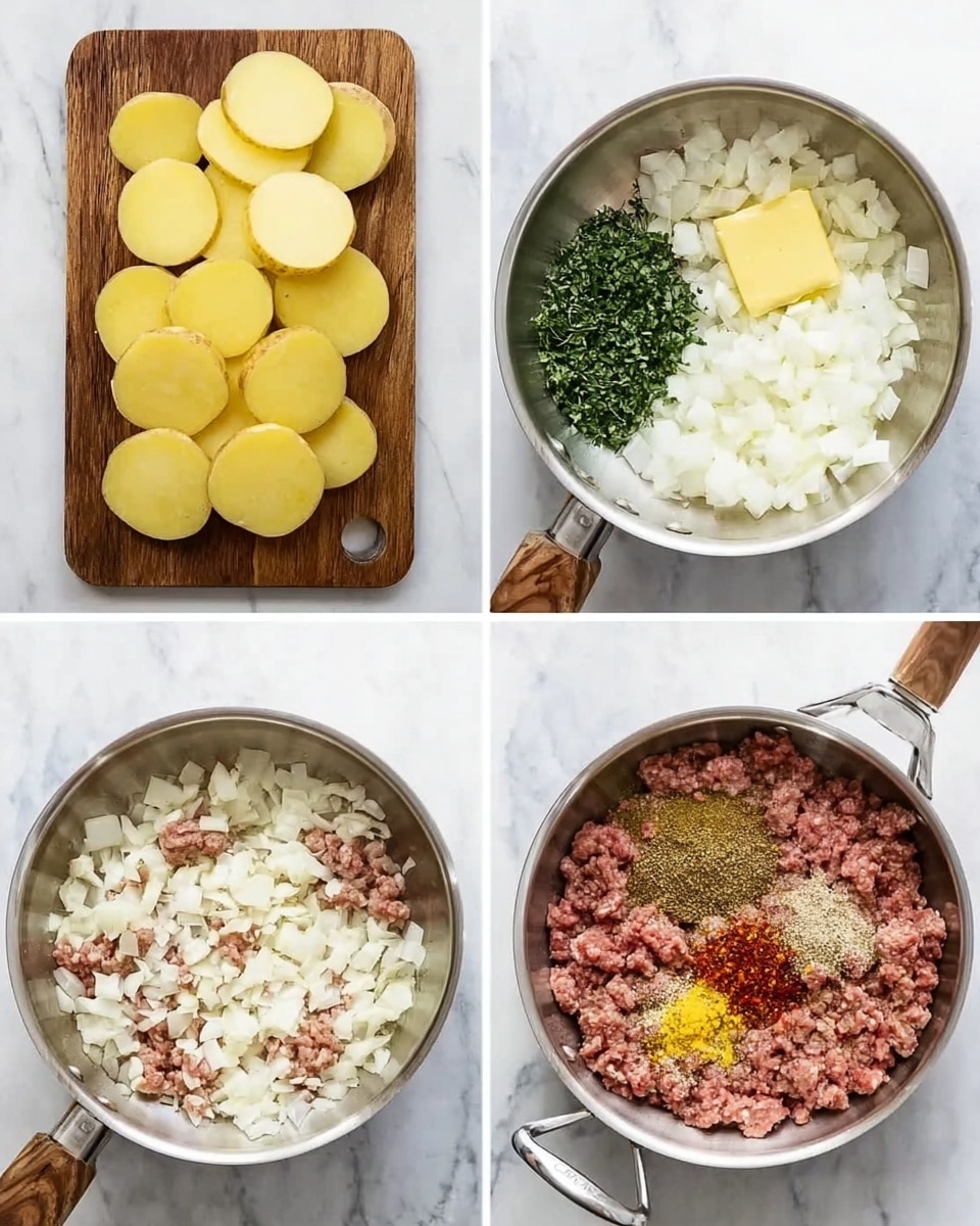 The image shows four scenes in a grid, each on a white marbled surface. The top left shows several thin yellow potato slices neatly arranged on a wooden cutting board with a handle. The top right has a close-up of a silver pan filled with white chopped onions, a dollop of light yellow butter, and a small bunch of fresh green herbs, all cooking together. The bottom left shows raw minced meat with white chopped onions in the silver pan, evenly mixed but not cooked yet. The bottom right shows the same meat in the silver pan, now browned, with colorful spices sprinkled on top, including red, yellow, white, and green seasonings. Photo taken with an iphone --ar 4:5 --v 7
