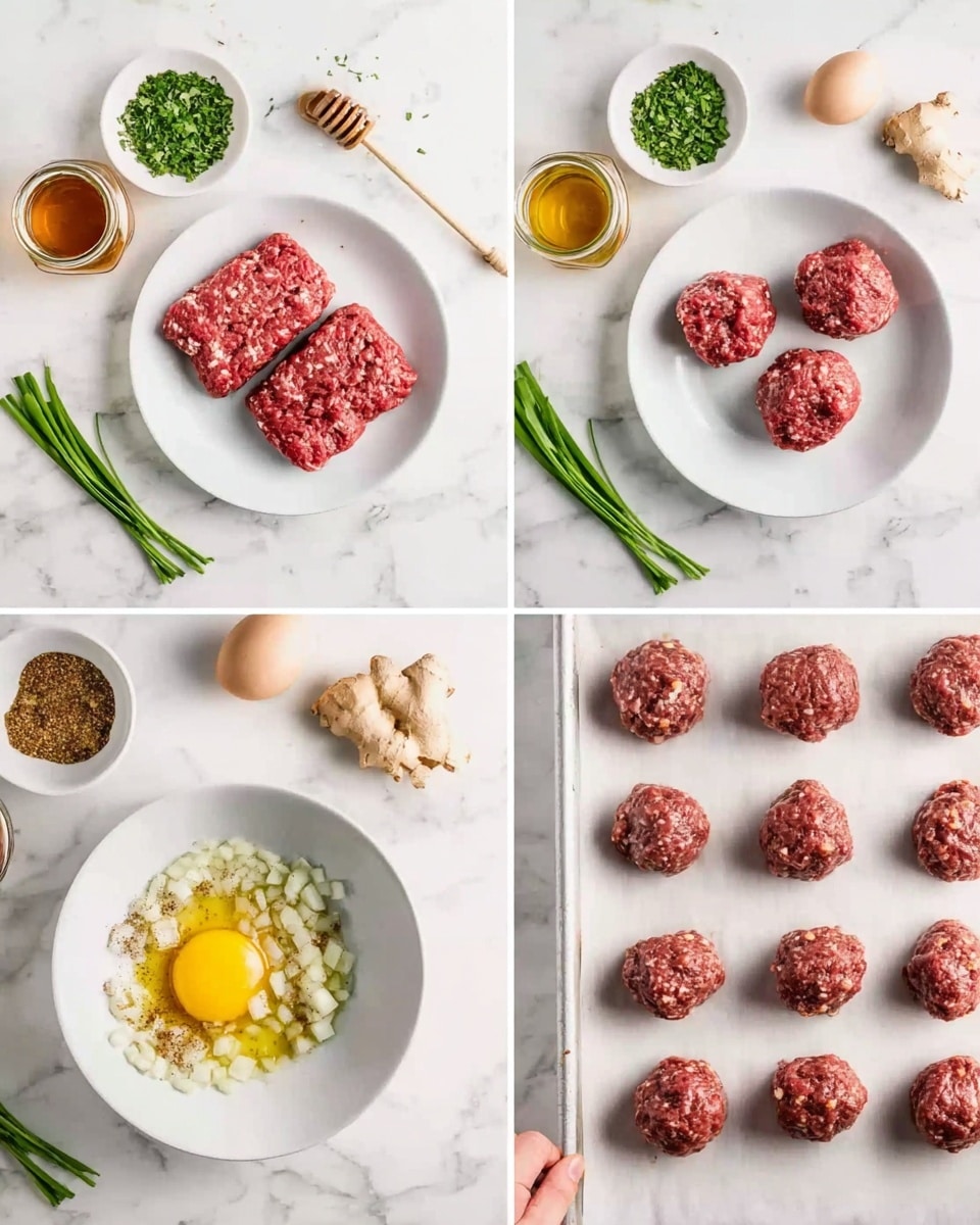The image is divided into four parts showing steps of making meatballs. The first part shows two thick squares of raw red meat with white fat flecks on a white plate, surrounded by small bowls with green chopped herbs and spices, fresh ginger, a jar of honey, and a woman’s hand holding a honey dipper. The second part shows the same raw meat blocks in the center of the white plate, topped with a cracked raw yellow egg yolk, white chopped onions, and some spices around the edges. The third part shows the meat mixture fully combined with visible white onion pieces, herbs, and spices, filling the white bowl, with the background white marble surface and the same bowls around. The last part shows a white baking sheet with raw meatballs formed into round shapes evenly spaced, with a woman’s hand placing one on the sheet, and similar green herbs and sauces around, all set on a white marbled surface. Photo taken with an iphone --ar 4:5 --v 7