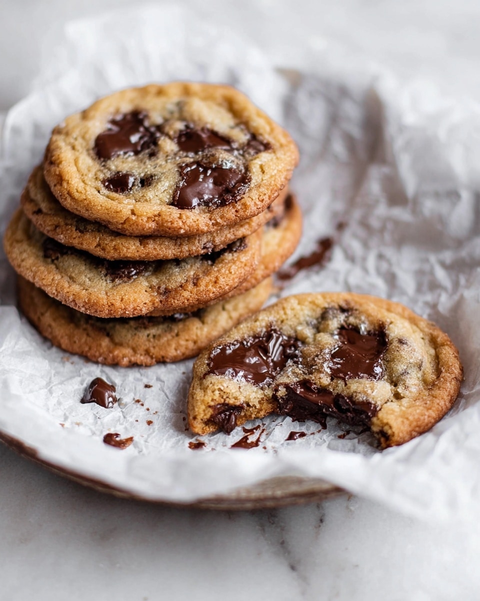 A stack of five round chocolate chip cookies sits on crumpled white parchment paper inside a round white plate, placed on a white marbled surface. Each cookie is golden brown with visible melted dark chocolate chips spread unevenly on top. The cookie at the front has a bite taken out of it, showing the soft, chewy inside with more melted chocolate oozing out. The parchment paper underneath is slightly wrinkled with some smudges of melted chocolate near the bitten cookie. The scene is lit softly to highlight the textures of the cookies and the parchment paper photo taken with an iphone --ar 4:5 --v 7