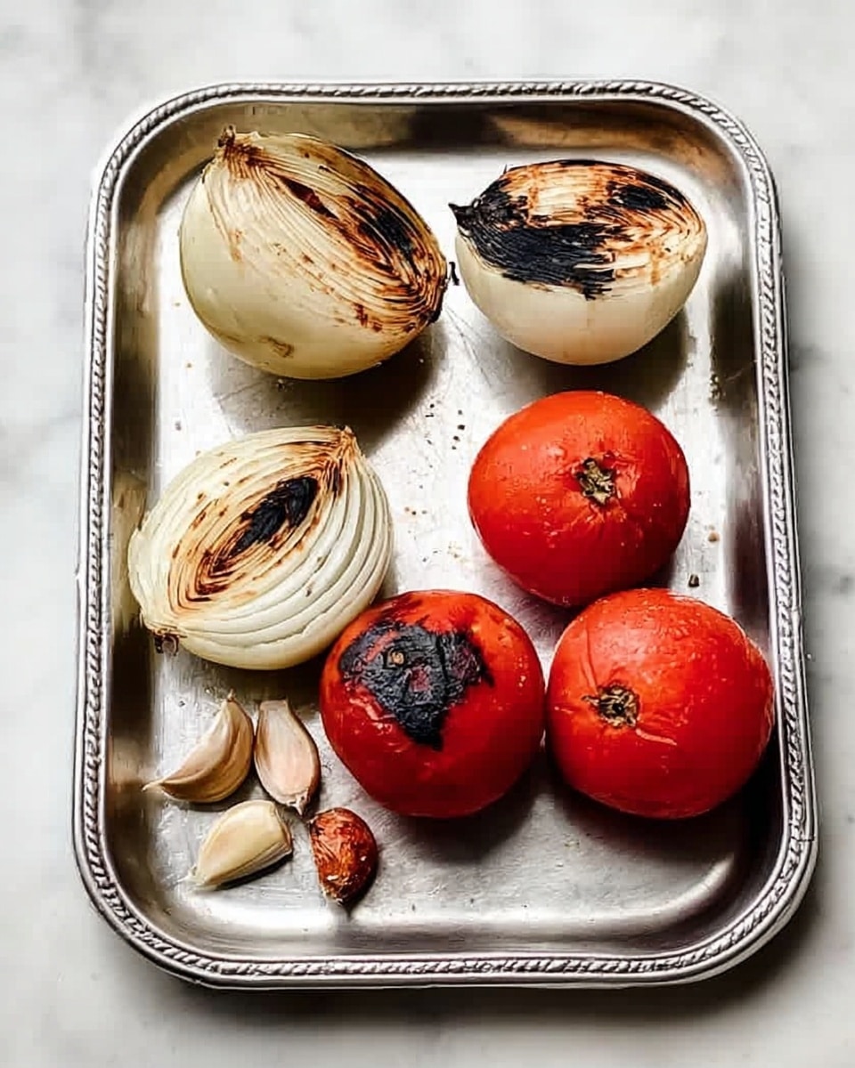 A silver metal tray on a white marbled surface holds four large onion halves with light brown char marks on their curved tops, two whole red tomatoes with dark black burn spots on the round skins, and seven small garlic cloves with some light charring and papery skins partly loosened. photo taken with an iphone --ar 4:5 --v 7