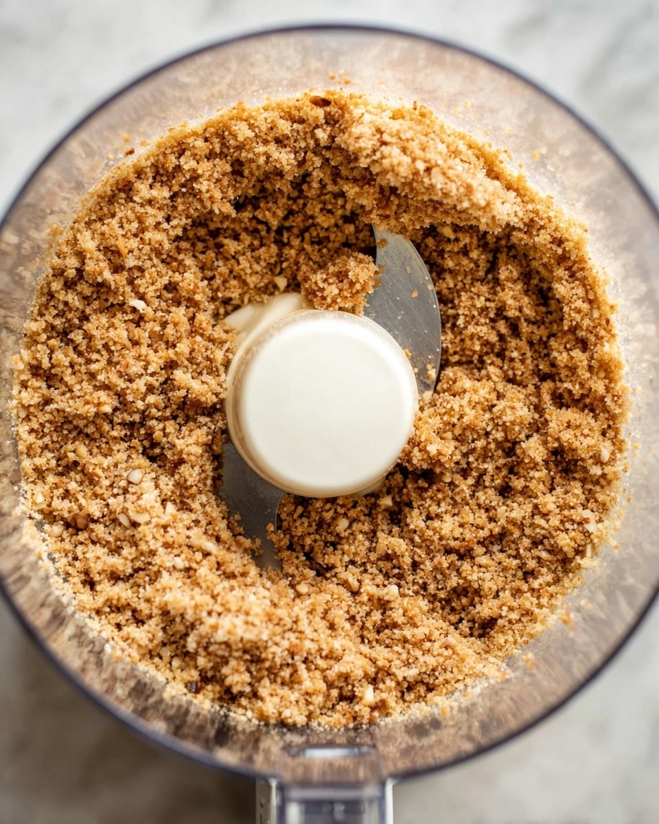 A close-up image shows a single layer of finely chopped light brown nuts and crumbs inside a clear food processor bowl with a white blade in the center. The nuts vary slightly in color, from light tan to darker brown bits, giving a textured and crumbly look. The bowl sits on a clean white marbled surface. The focus is sharp on the nut mixture, highlighting its grainy texture and small pieces, while the background and food processor handle are softly blurred in the distance photo taken with an iphone --ar 4:5 --v 7