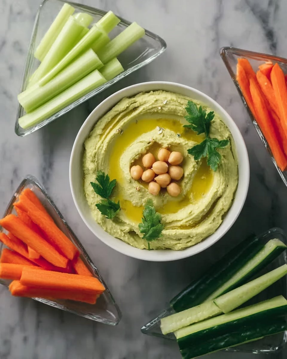 A white bowl filled with creamy light green hummus topped with a swirl of olive oil, whole chickpeas, and fresh parsley leaves in the center. Surrounding the bowl are three clear triangular dishes each holding fresh vegetable sticks: pale green celery sticks at the top, bright orange carrot sticks to the right, and dark green cucumber sticks at the bottom. All items are set on a white marbled surface. Photo taken with an iphone --ar 4:5 --v 7