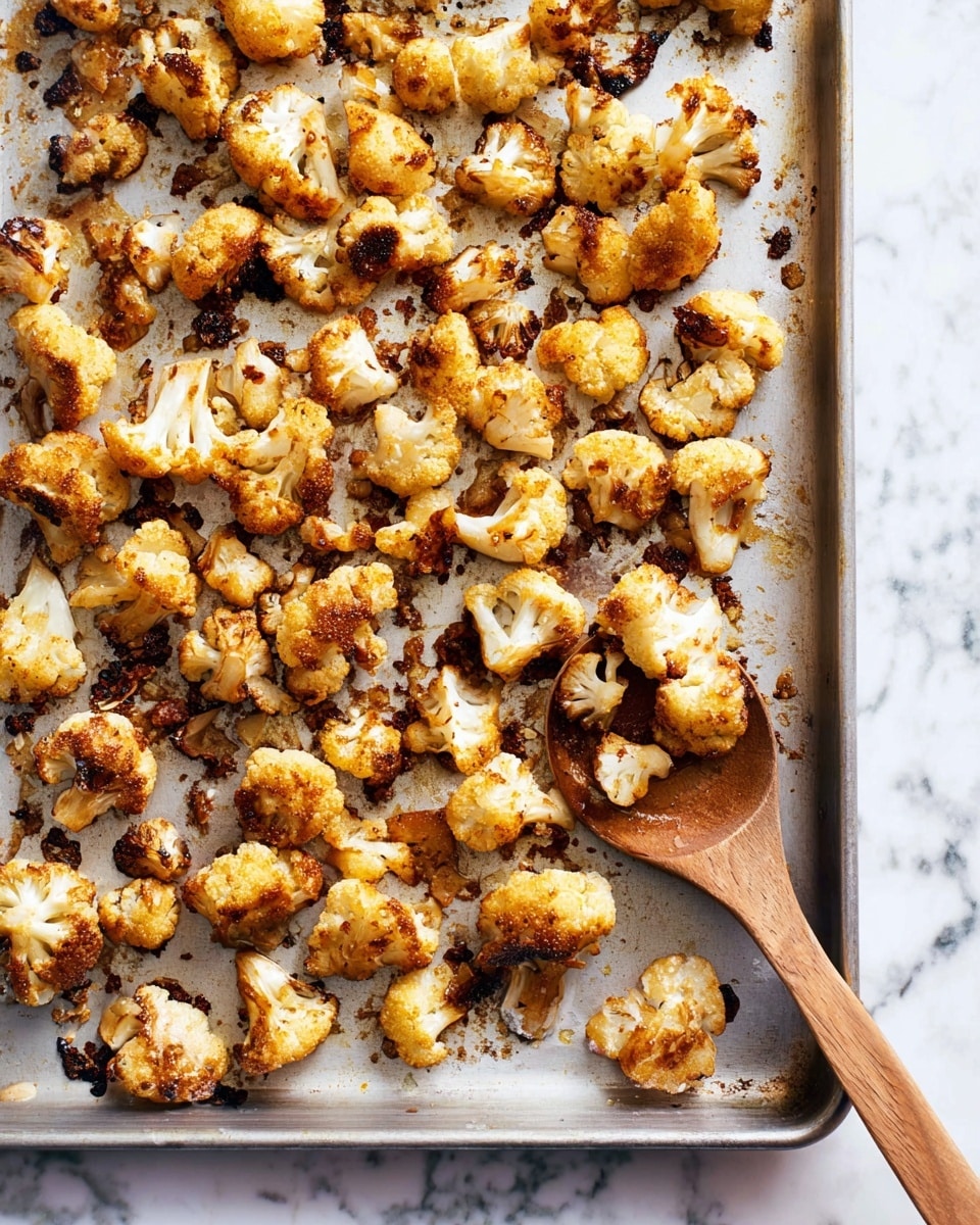 The image shows a large metal baking tray filled with many pieces of roasted cauliflower scattered unevenly on it. The cauliflower pieces have a golden brown color with some darker burnt spots, giving a crispy look. A wooden spoon rests diagonally on the lower right side of the tray, slightly lifting a few cauliflower pieces. The tray sits on a white marbled surface with some burnt bits and oil marks on it, adding texture to the scene. photo taken with an iphone --ar 4:5 --v 7