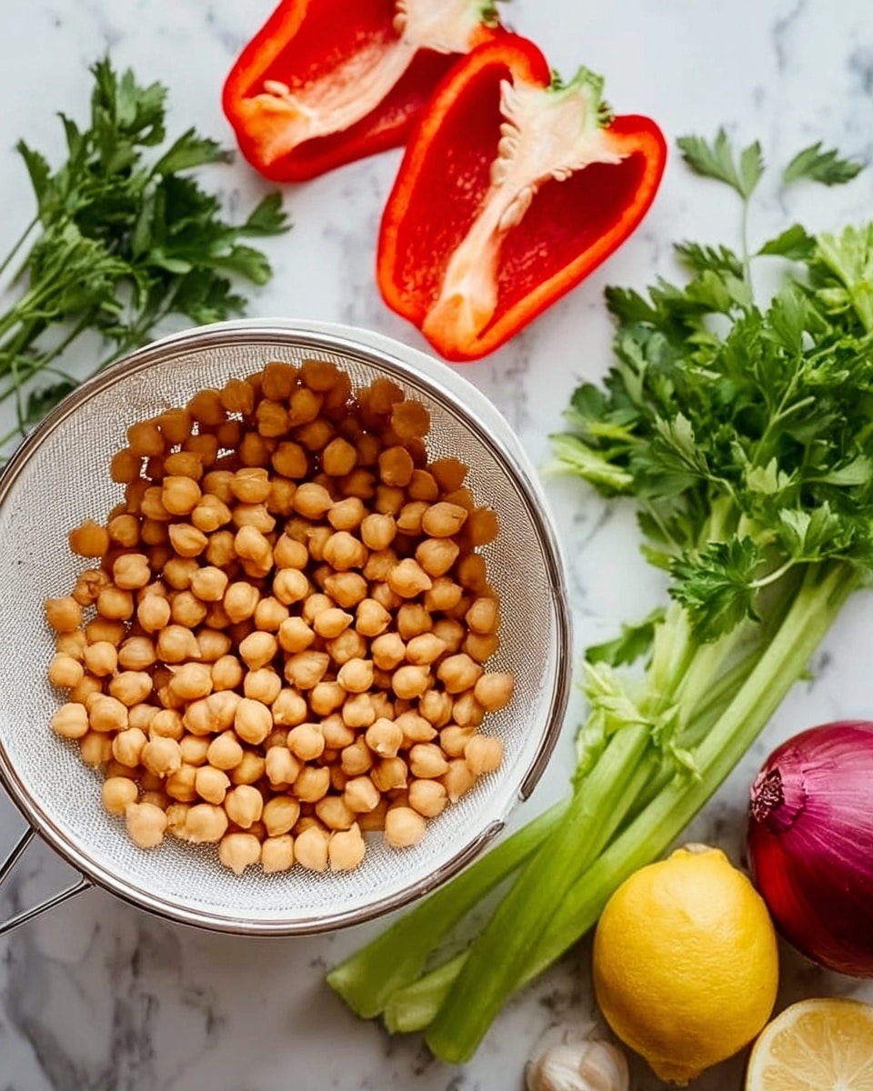 The image shows a white colander filled with round, light brown chickpeas placed on a white marbled surface. Above the colander, there are two halves of a red bell pepper, showing their seeds and inside texture in bright red and white colors. Next to the peppers, there is a bunch of fresh green parsley with leafy texture and a celery stalk with its long, ribbed green leaves. On the right side, there is a half purple onion with smooth layers visible and a lemon sliced in half revealing its juicy yellow inside. There is also a small piece of garlic with white bulb and papery skin near the lemon. The vegetables and legumes create a fresh and colorful arrangement. photo taken with an iphone --ar 4:5 --v 7
