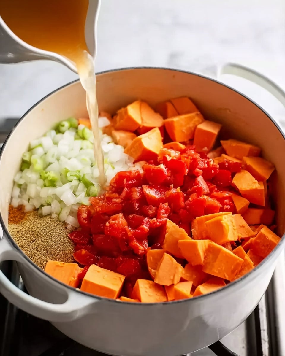 A white pot filled with four main layers: diced orange sweet potatoes taking up the top right, bright red chopped tomatoes on the left side, finely chopped white onions with bits of green near the bottom left, and a mix of light brown spices on the bottom right. Clear broth is being poured from the top left into the pot. The pot sits on a stove with a white marbled surface background. Photo taken with an iphone --ar 4:5 --v 7