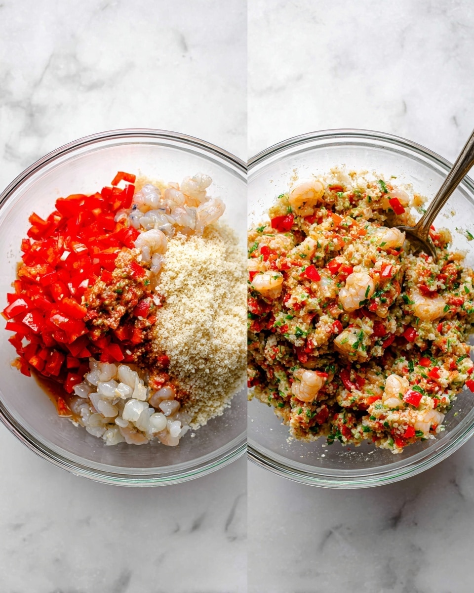 Two clear glass bowls sit side by side on a white marbled surface. The left bowl shows unmixed ingredients separated in sections: chopped red peppers in bright red, finely chopped onions in white, light beige panko breadcrumbs piled high, raw chopped shrimp in translucent pale grey, and some reddish sauce pooling at the bottom. The right bowl contains the mixed version where all ingredients blend together into a chunky, moist mixture with the red peppers and shrimp colors evenly spread throughout, flecks of green herbs visible, and a spoon sticking out of the bowl on the top right. Photo taken with an iphone --ar 4:5 --v 7