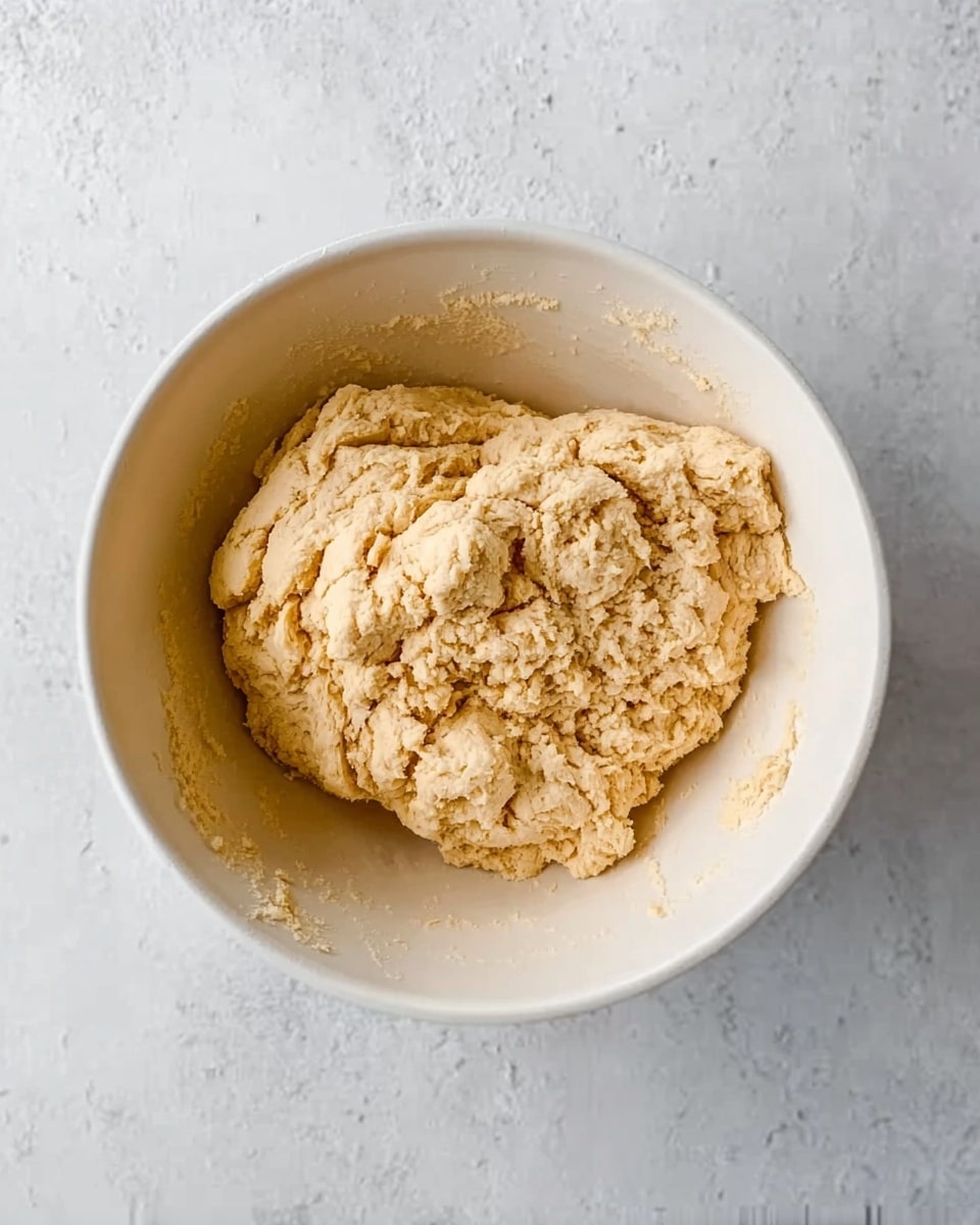 A round white bowl holds a single large lump of light tan dough with a slightly crumbly texture. The dough fills most of the bottom of the bowl and shows some cracks and uneven surface. The background is a white marbled surface that softly contrasts with the bowl. The scene looks simple and clean. photo taken with an iphone --ar 4:5 --v 7