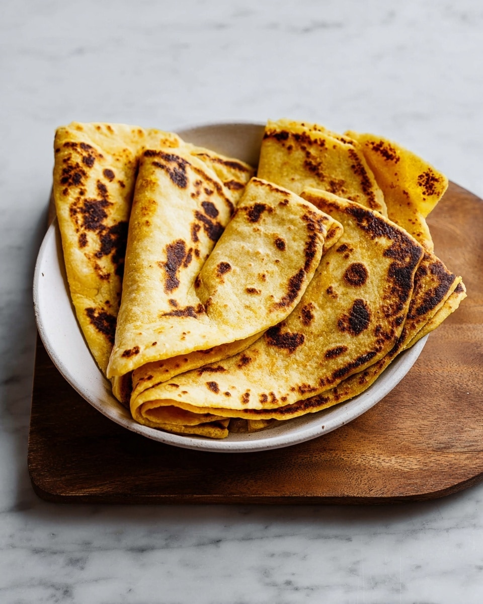 A white shallow bowl holds five folded flatbreads, each with a golden-yellow color and dark brown char marks creating patterns on their surfaces. The flatbreads are slightly thick with a rough texture and are loosely folded in half or thirds, overlapping each other neatly to fill the bowl. The bowl rests on a wooden board, and the setting is on a white marbled surface, giving a simple and rustic feel. Photo taken with an iphone --ar 4:5 --v 7