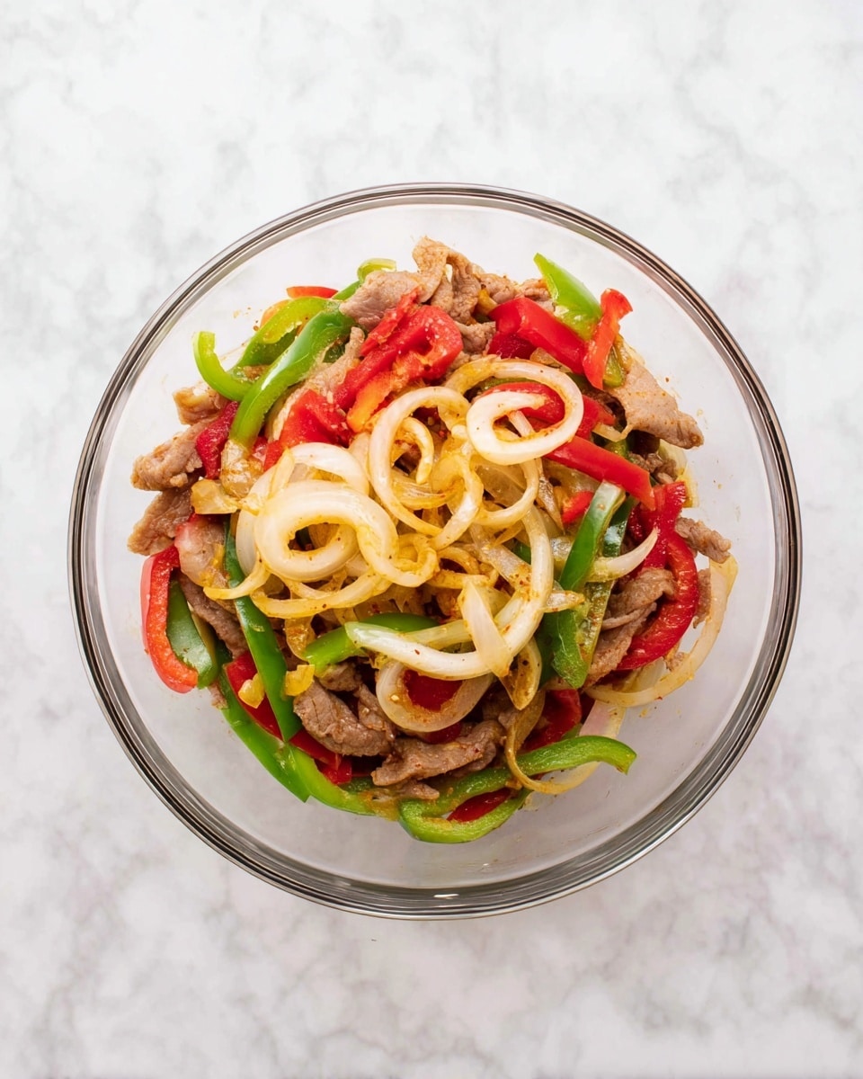 A clear glass bowl sits on a white marbled surface, filled with three main layers of ingredients. The bottom and middle layers show raw thin strips of light brown seasoned meat evenly spread throughout the bowl. On top and mixed in are chunky pieces of bright red and green bell peppers that add a fresh, colorful contrast. Thin, pale yellow onion rings are scattered generously, winding through the peppers and meat. The whole mix gives a fresh and vibrant look with varied colors and textures against the smooth glass and white marble background photo taken with an iphone --ar 4:5 --v 7