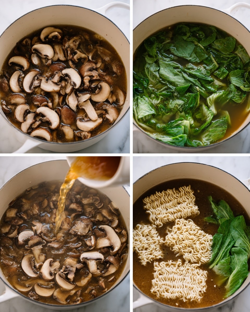 The images show four steps of making a soup in a white pot on a white marbled surface. The first layer has cooked sliced brown mushrooms spread evenly at the bottom of the pot. The second layer shows brown broth being poured over the same mushrooms, filling the pot halfway. The third layer adds large green leafy vegetables floating on top of the mushrooms and broth. The final layer has two blocks of uncooked instant ramen noodles placed on top of the broth with mushrooms and greens below them. The textures include soft mushrooms, clear brown broth, fresh green leaves, and dry, curly noodles. Photo taken with an iphone --ar 4:5 --v 7