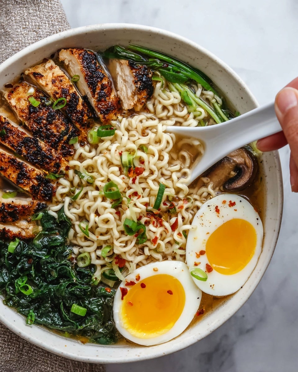 A white bowl filled with ramen soup sits on a white marbled surface. The bowl holds three main layers: at the bottom are dark green leafy vegetables submerged in clear broth, resting along the edge. Above that are light beige curly noodles in a loose pile, covering most of the bowl’s center. On one side, two halves of a boiled egg with bright yellow yolks and white edges are placed next to slices of grilled chicken that have a charred, dark brown crust sprinkled with green chopped scallions. A white spoon held by a woman's hand lifts some noodles and a slice of mushroom from the bowl. The scene shows a few red chili flakes and pepper specks sprinkled lightly over the eggs and chicken. photo taken with an iphone --ar 4:5 --v 7