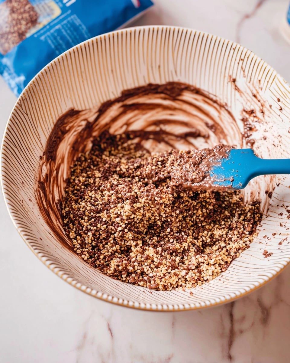 A white bowl with thin gold stripes contains a chunky mixture of dark brown chocolate coated with small beige puffed grains, loosely clumped together mostly on one side of the bowl. The chocolate mixture is swirled around the bowl, with some spread thinly on the bowl’s bottom and sides. A blue silicone spatula rests in the bowl, partially covered with the chocolate mixture. The background shows a white marbled texture with a slightly blurred blue package in the top left corner. photo taken with an iphone --ar 4:5 --v 7