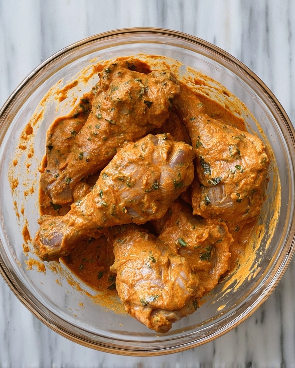 A clear glass bowl filled with several raw chicken drumsticks covered in a thick, orange-red marinade that looks creamy and speckled with herbs. The drumsticks are partially visible under the sauce with some bits of green herbs mixed in. The bowl sits on a white marbled surface. photo taken with an iphone --ar 4:5 --v 7