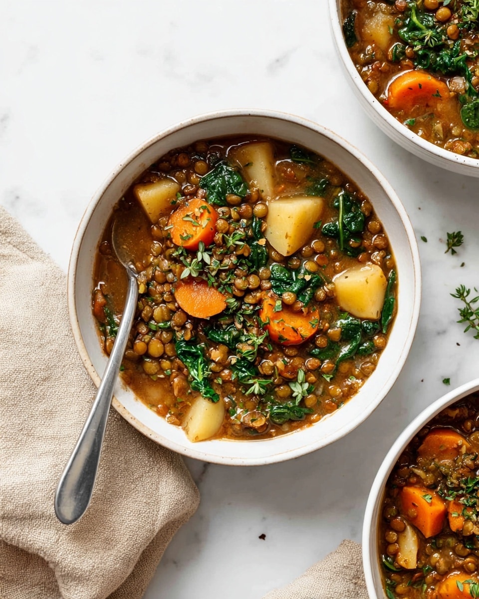 A white bowl filled with a thick lentil stew showing three main layers: a rich brown liquid base, medium-sized orange carrot slices and beige potato pieces scattered evenly, and bright green leafy spinach layered on top, with chopped herbs sprinkled over for freshness; a silver spoon rests inside the bowl on the bottom left side, all set on a white marbled surface with a beige linen cloth folded beside the bowl near the right edge, and parts of two more white bowls filled with the same stew visible at the top right and bottom left corners of the image, photo taken with an iphone --ar 4:5 --v 7