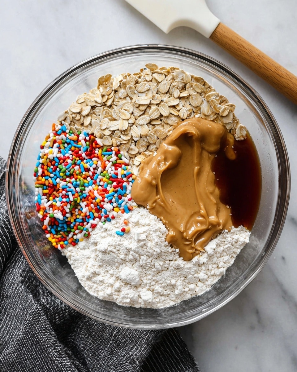 A clear glass bowl is placed on a white marbled surface, filled with five separate layers of ingredients. On the left side, there is a mix of colorful round sprinkles in red, yellow, blue, green, white, and orange, sitting atop light beige rolled oats. To the right of the oats, a large pile of light white flour is visible. Above the flour and oats, there is a smooth layer of thick light brown peanut butter with a glossy dark brown syrup pooling next to it. A white spatula with a wooden handle and a dark gray striped cloth are placed nearby on the surface. Photo taken with an iphone --ar 4:5 --v 7