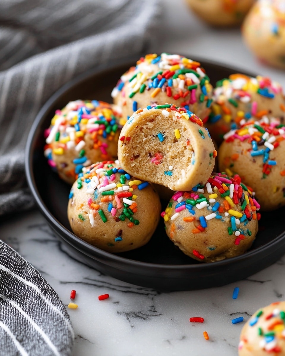 The image shows a black plate with seven round cookie dough balls covered in colorful sprinkles. One dough ball is half-eaten, placed on top, revealing a soft, textured inside that is light brown with tiny colorful bits. The dough balls are a light golden color, smooth and dense. A few sprinkles are scattered on the white marbled surface around the plate. The background includes a blurred gray cloth with white stripes and some out-of-focus shapes. Photo taken with an iphone --ar 4:5 --v 7