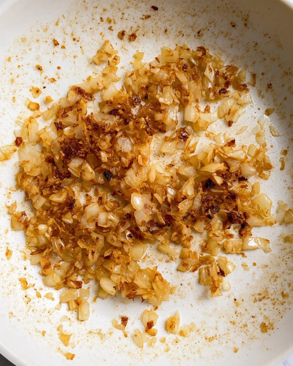 This image shows a close-up of caramelized onions in a white pan. The pan has a few small browned bits stuck to the surface from cooking, giving it a textured look. The onions are a mix of golden brown, light brown, and soft yellow colors, with some pieces slightly darker where they have browned more. The onions are chopped into small, uneven pieces spread mostly in the center and around the pan. The background is a white marbled texture. photo taken with an iphone --ar 4:5 --v 7