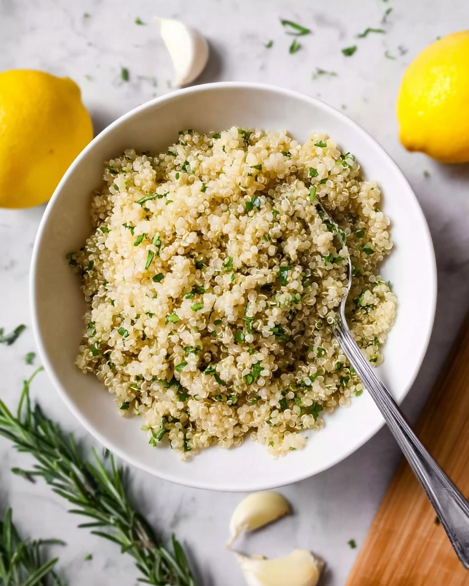 A white bowl filled with cooked quinoa mixed with small green herbs, giving a textured and slightly fluffy look. A silver spoon is placed inside the bowl on the right side. Around the bowl on a white marbled surface, there are two whole bright yellow lemons, green rosemary sprigs, and several garlic cloves adding natural color and detail. The scene is softly lit, showing clear grain details of the quinoa. photo taken with an iphone --ar 4:5 --v 7