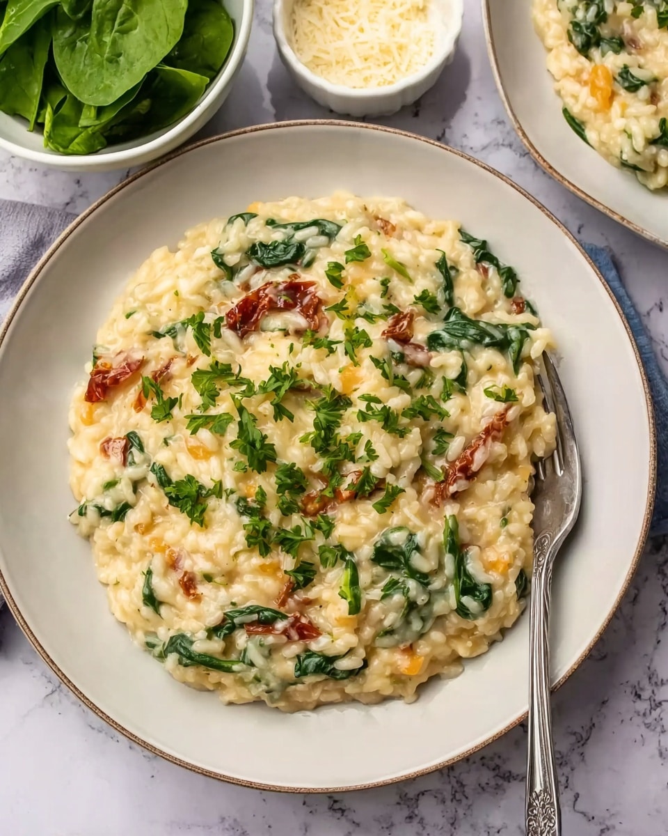 The image shows a serving of creamy risotto in a white plate with a slight rim. The risotto has a soft, smooth texture with visible small grains of rice mixed with pieces of wilted green spinach and bits of orange sun-dried tomatoes scattered throughout. The dish is garnished with chopped fresh parsley on top, adding a touch of green. A silver fork rests on the right side of the plate, partially placed into the risotto. In the background, there are two small white bowls, one filled with fresh spinach leaves and the other with grated cheese. The whole setting is on a white marbled surface. Photo taken with an iphone --ar 4:5 --v 7