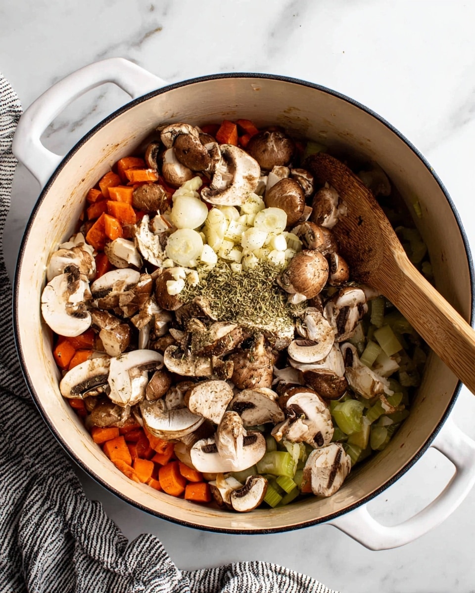 The image shows a white pot filled with several layers of ingredients. At the bottom, there are chopped carrots, celery, and onions in soft orange, green, and white colors. On top of the vegetables, there is a thick layer of whole and sliced brown mushrooms, some showing their white inner parts and dark gills. In the center, there are thinly sliced white garlic pieces and a sprinkle of dried green herbs. A wooden spoon with a light brown handle rests inside the pot, slightly stirring the mushrooms. The pot sits on a white marbled surface with a black and white striped cloth nearby. Photo taken with an iphone --ar 4:5 --v 7
